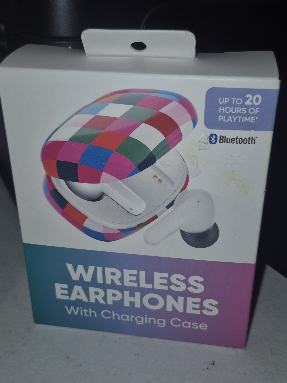 Wireless Bluetooth Earphones with Multicolor Checkered Charging Case